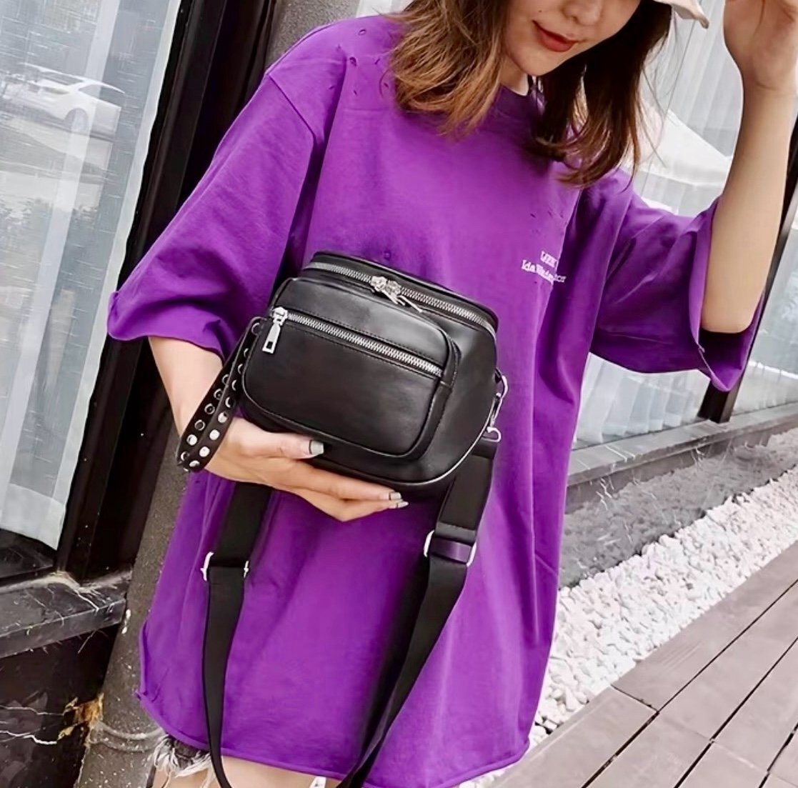 New -Sporty & Stylish Faux Leather Crossbody Bag with Adjustable Strap -Black