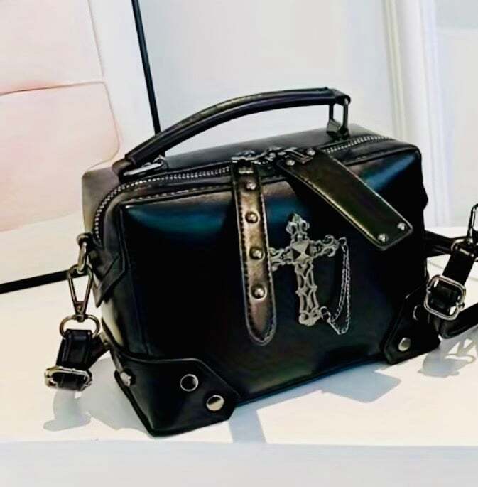 New -Vintage Inspired -Faux Leather Shoulder Bag w/Rivet & Cross Details -Black