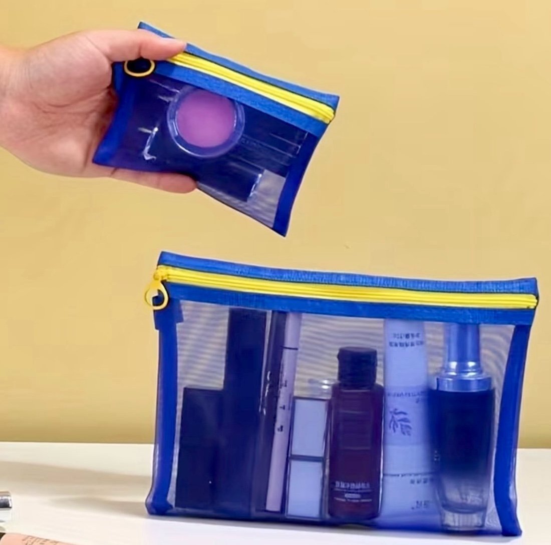 New -Chic -3Pcs Matching Mesh Cosmetic/Accessories Bags -Blue/Yellow