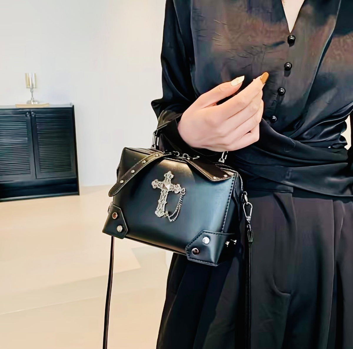 New -Vintage Inspired -Faux Leather Shoulder Bag w/Rivet & Cross Details -Black