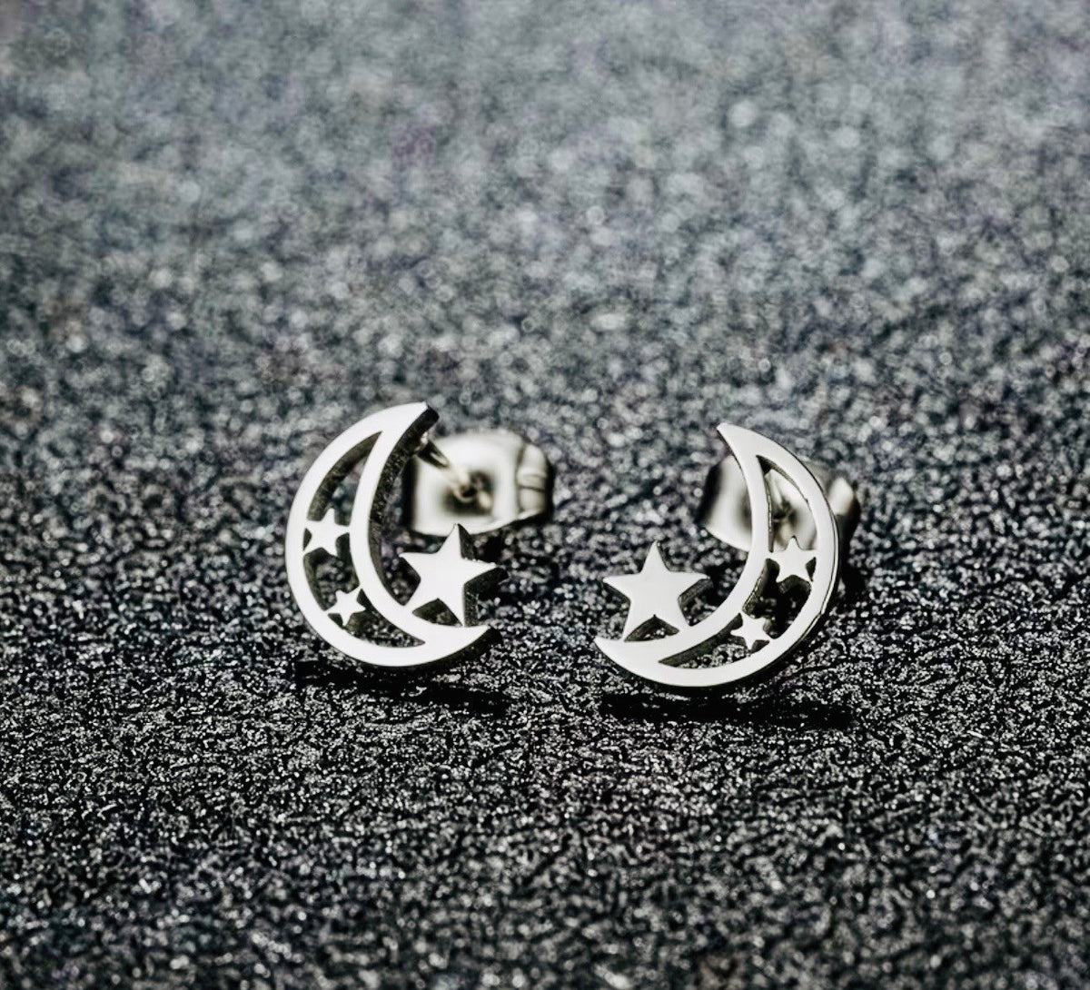 New   -Sleek & Stylish -Boho Style -Stainless Steel -Moon & Star Stud Earrings