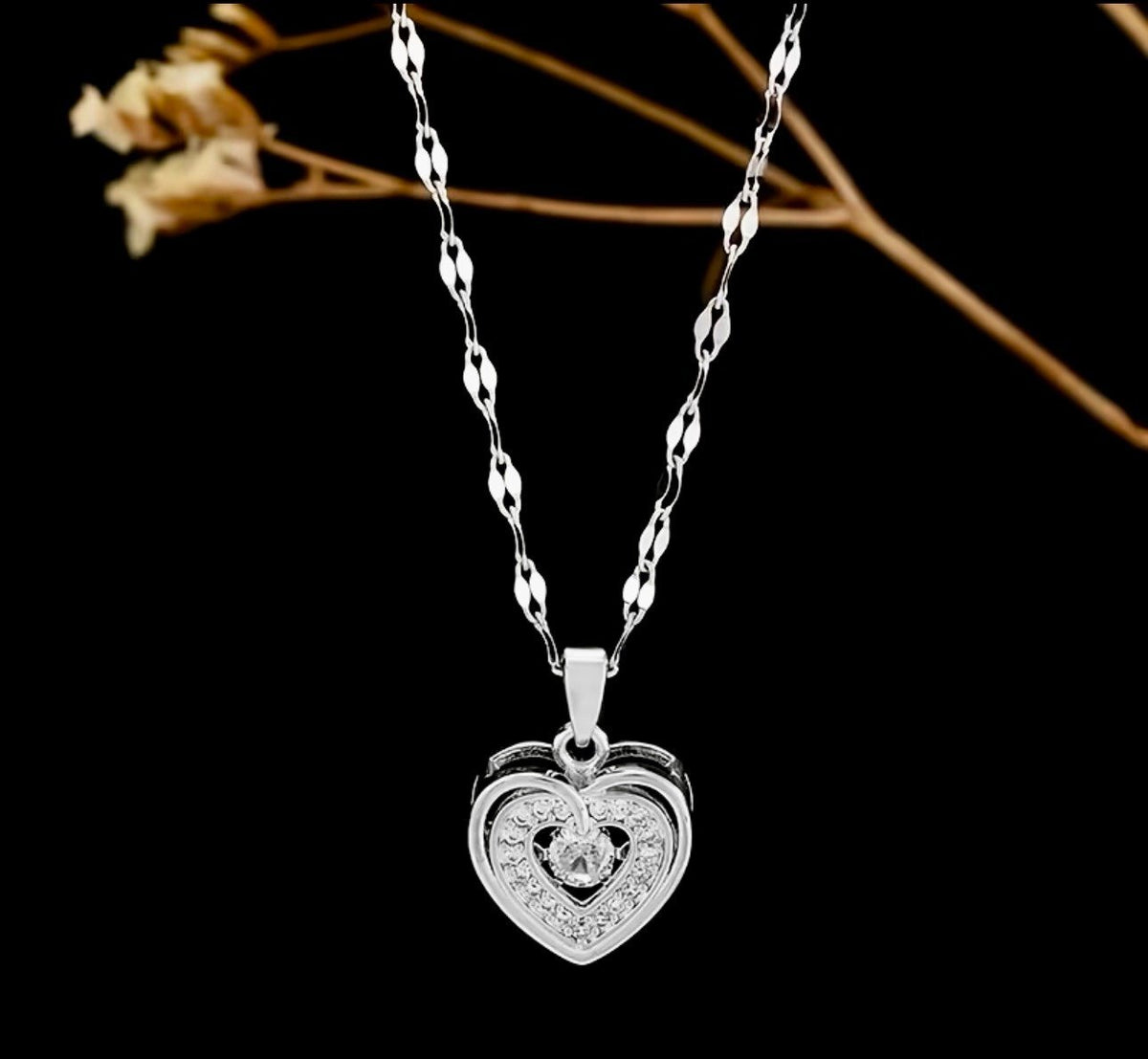 New -Beautiful -Stainless Steel -Double Layered Zirconia Heart Pendant Necklace
