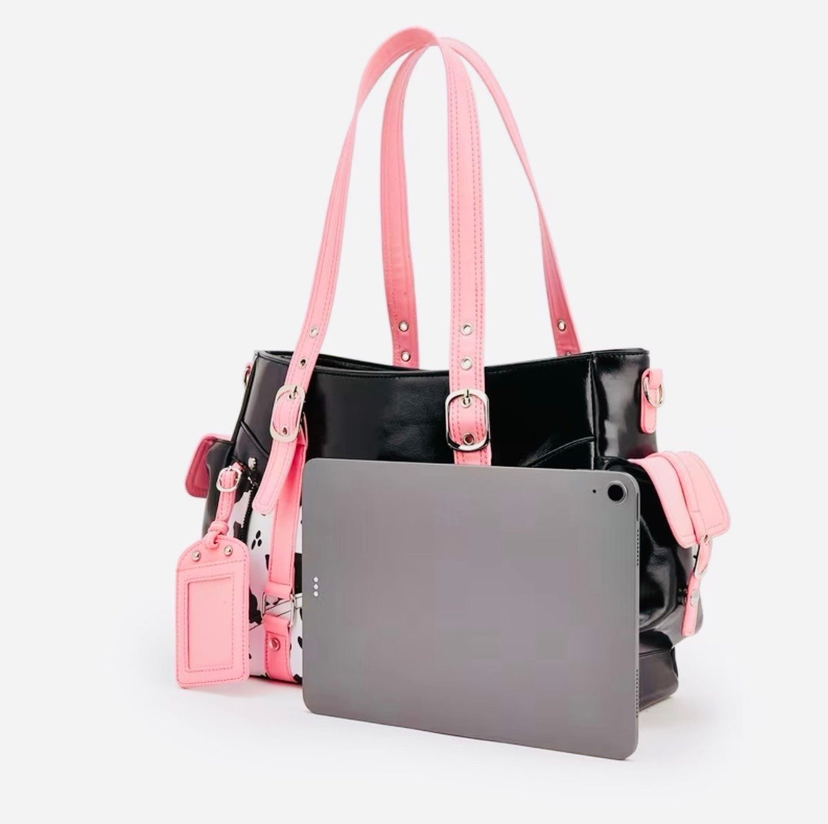 New -Gorgeous -Faux Leather Cow Print Design Shoulder Bag/Tote -Black/White/Pink