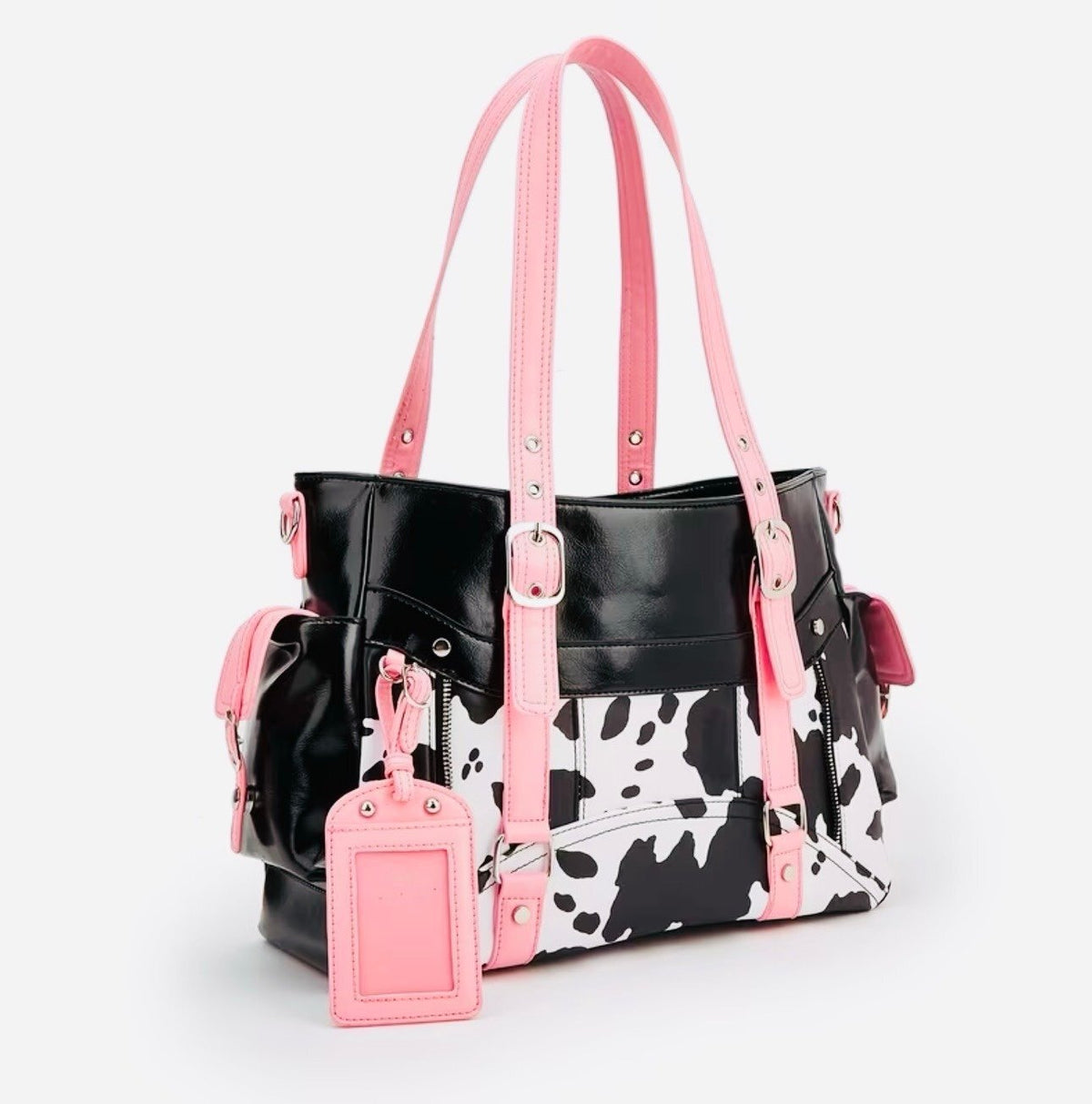 New -Gorgeous -Faux Leather Cow Print Design Shoulder Bag/Tote -Black/White/Pink