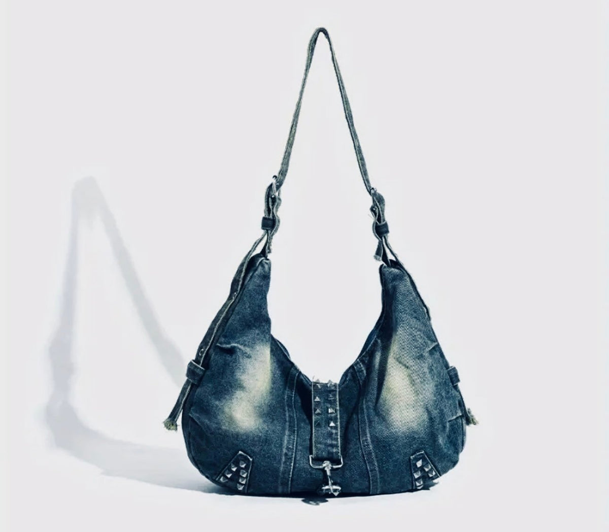 New -Chic -Vintage Style Distressed Denim Shoulder Bag w/Rivet Detail -Blue