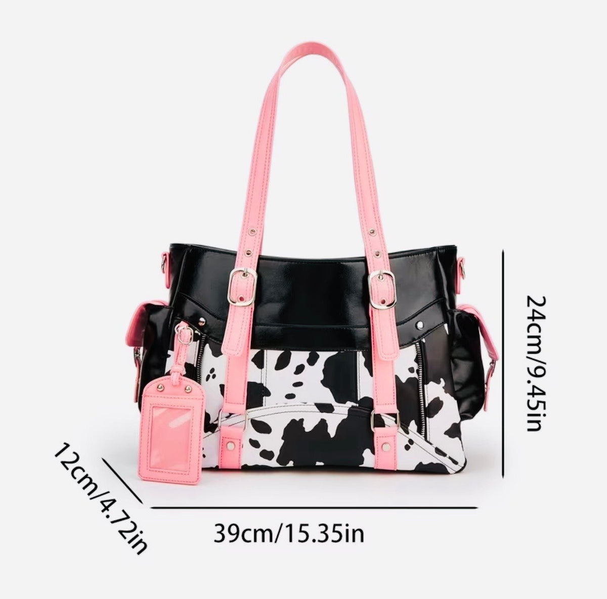New -Gorgeous -Faux Leather Cow Print Design Shoulder Bag/Tote -Black/White/Pink