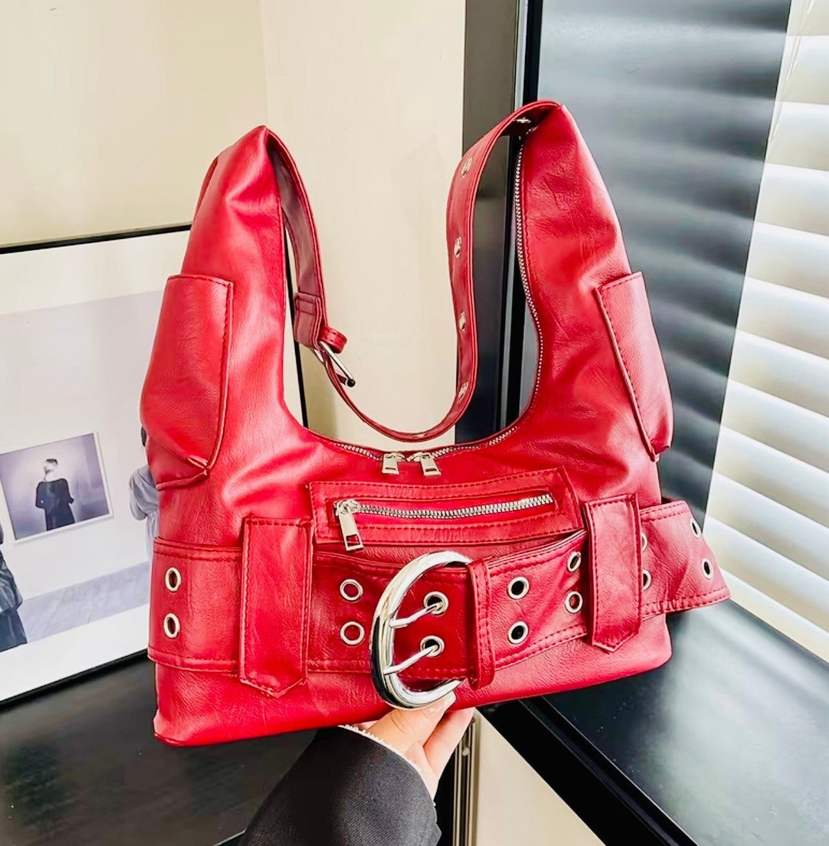 New -Sleek -Vintage Inspired -Moto Style -Faux Leather Shoulder Bag w/Big Buckle