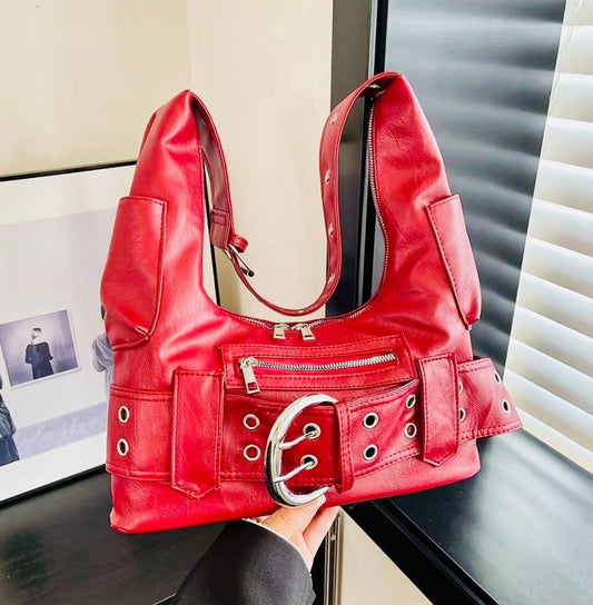 New -Sleek -Vintage Inspired -Moto Style -Faux Leather Shoulder Bag w/Big Buckle