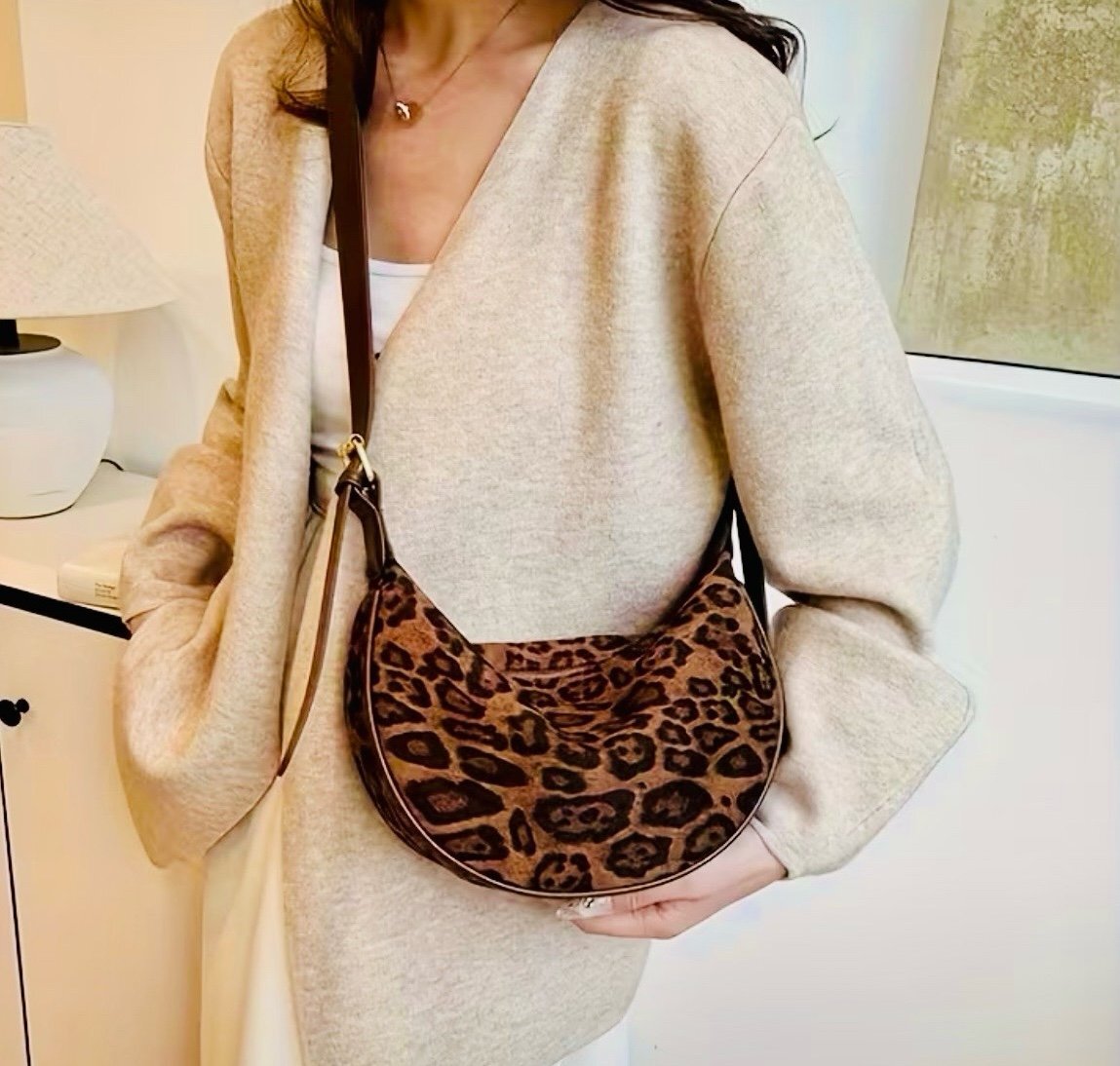 New -Sleek & Stylish -Faux Suede Leopard Print Crossbody /Shoulder Bag