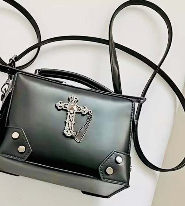New -Vintage Inspired -Faux Leather Shoulder Bag w/Rivet & Cross Details -Black
