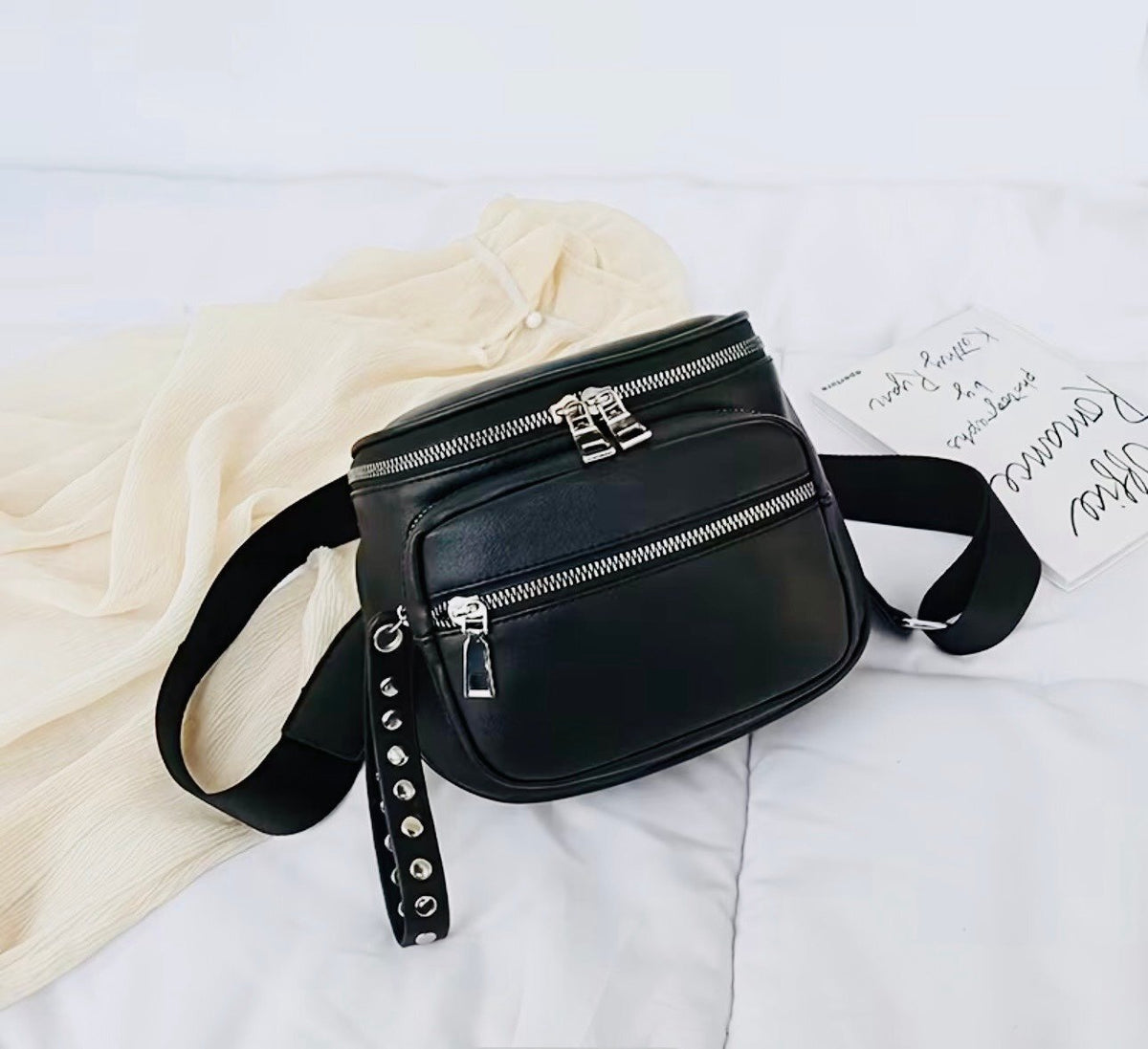 New -Sporty & Stylish Faux Leather Crossbody Bag with Adjustable Strap -Black