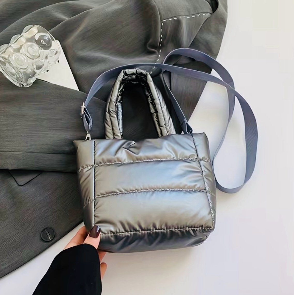 New -Adorable -Mini Quilted Puffer Tote Bag -Gray