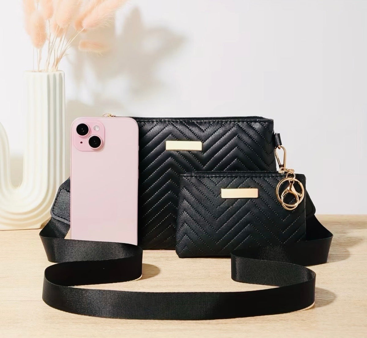 New -Super Cute -2Pcs -Vintage Inspired Faux Leather Shoulder Bag Set -Black