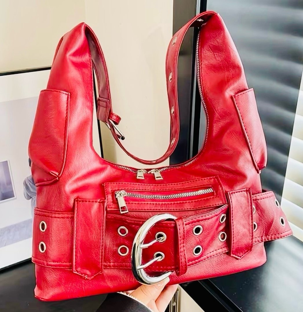 New -Sleek -Vintage Inspired -Moto Style -Faux Leather Shoulder Bag w/Big Buckle