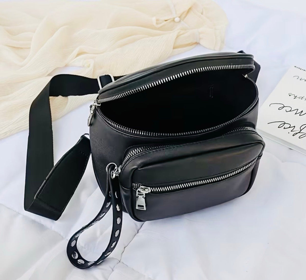 New -Sporty & Stylish Faux Leather Crossbody Bag with Adjustable Strap -Black