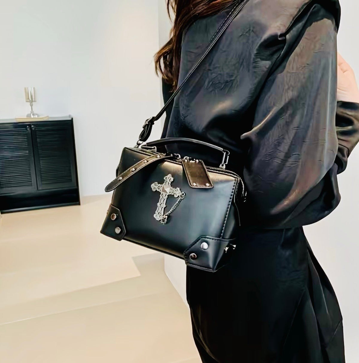 New -Vintage Inspired -Faux Leather Shoulder Bag w/Rivet & Cross Details -Black