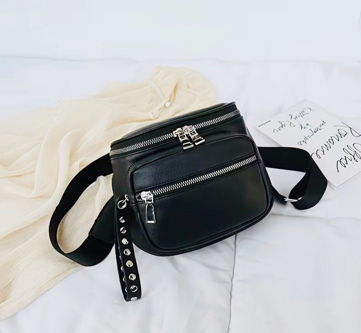 New -Sporty & Stylish Faux Leather Crossbody Bag with Adjustable Strap -Black