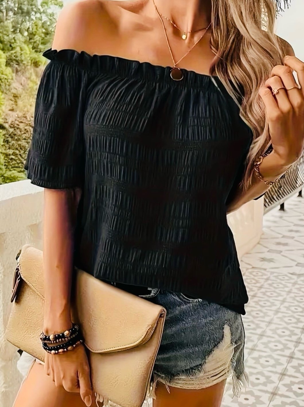 New - Simple but Elegant -Off The Shoulders Short Sleeve Top -Black -Size M