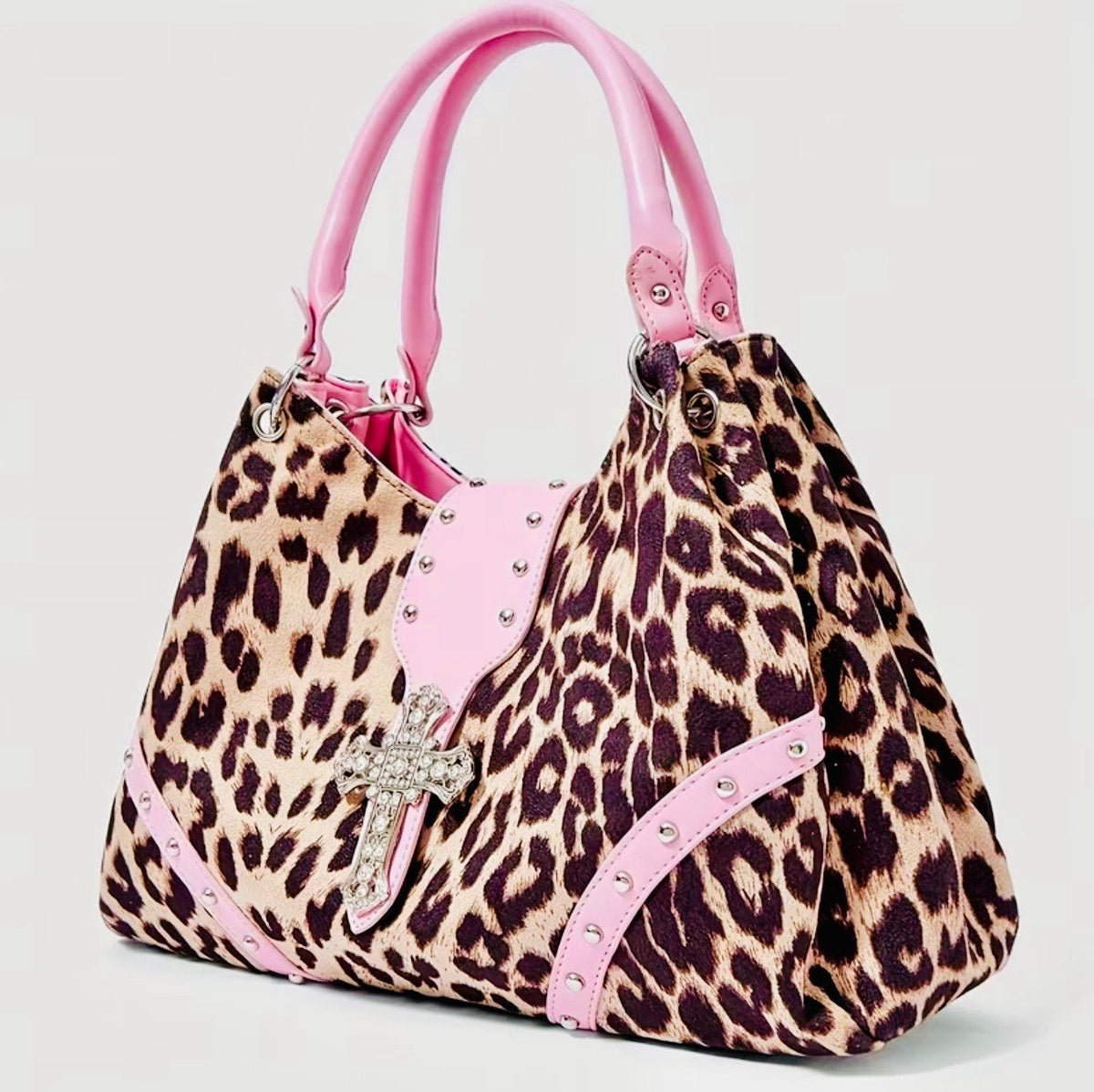 New -Beautiful -Faux Leather Leopard Print Design Shoulder Bag w/Stud Accents