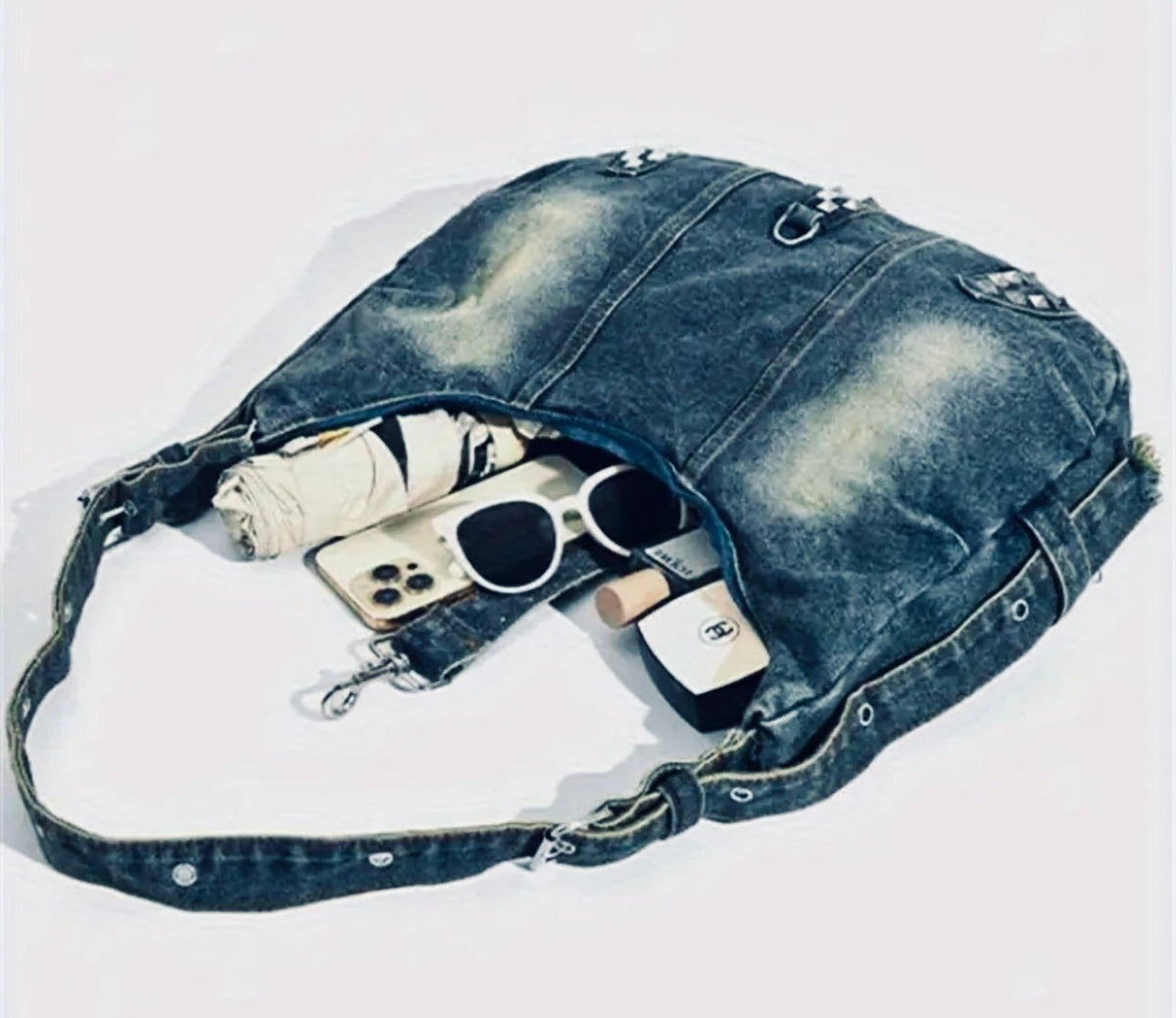 New -Chic -Vintage Style Distressed Denim Shoulder Bag w/Rivet Detail -Blue