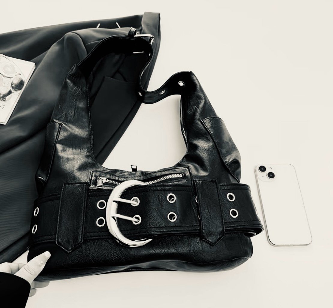 New -Sleek -Vintage Inspired -Moto Style -Faux Leather Shoulder Bag w/Big Buckle
