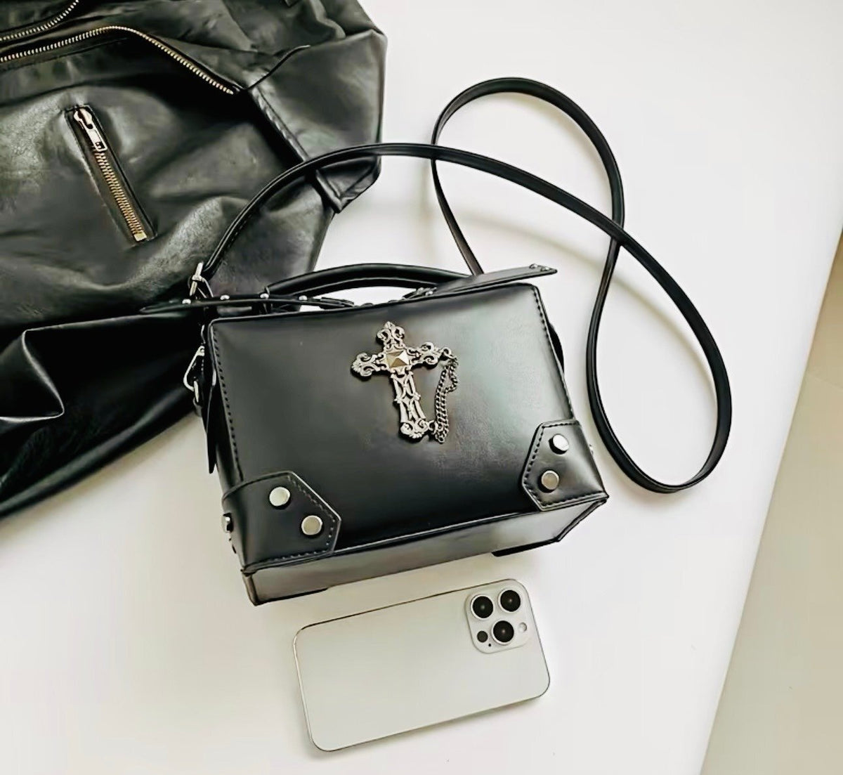 New -Vintage Inspired -Faux Leather Shoulder Bag w/Rivet & Cross Details -Black