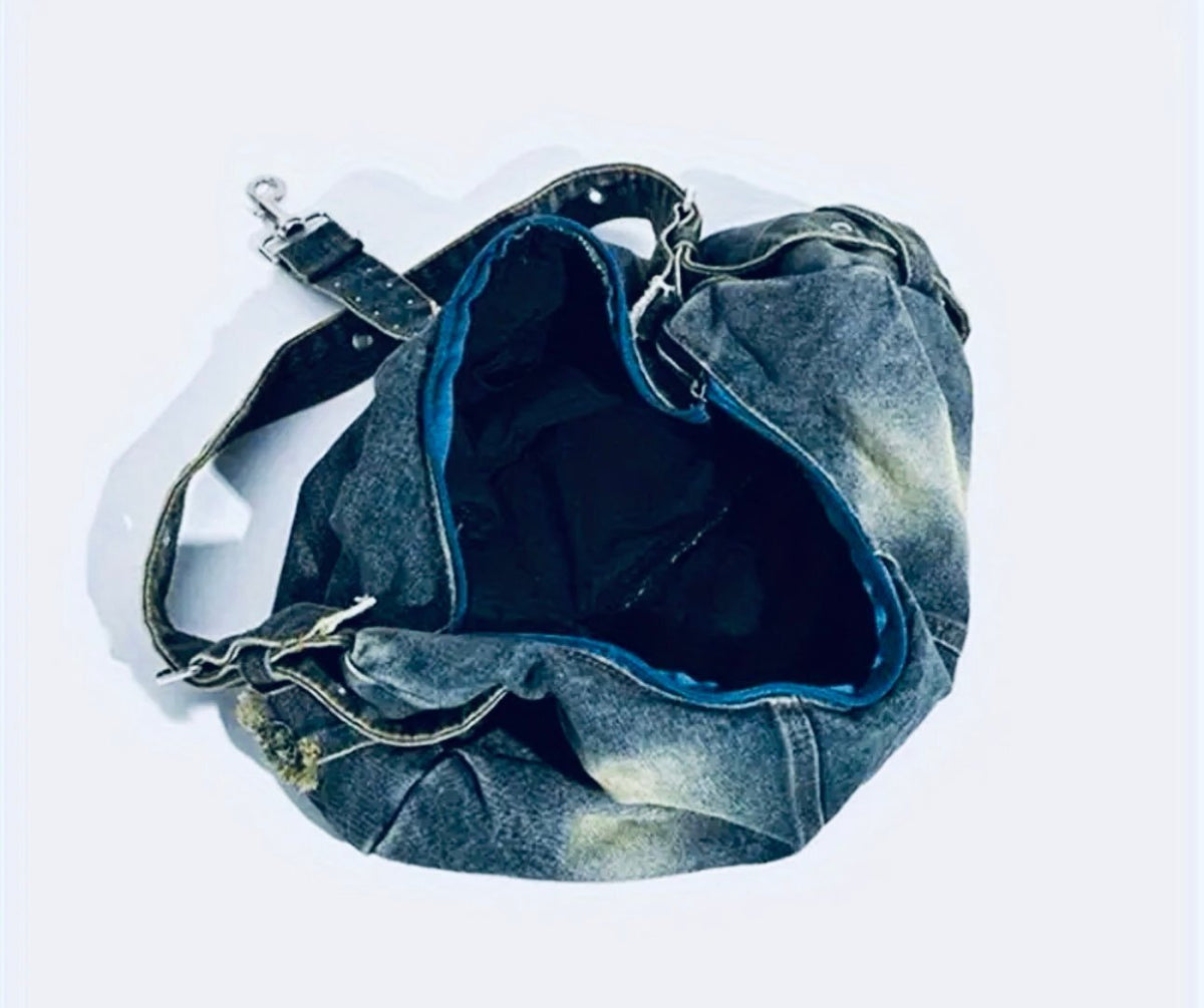 New -Chic -Vintage Style Distressed Denim Shoulder Bag w/Rivet Detail -Blue