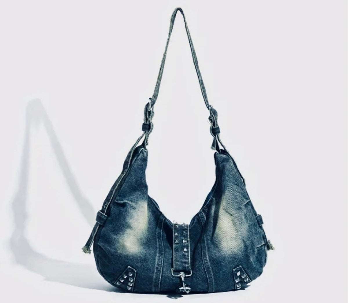 New -Chic -Vintage Style Distressed Denim Shoulder Bag w/Rivet Detail -Blue