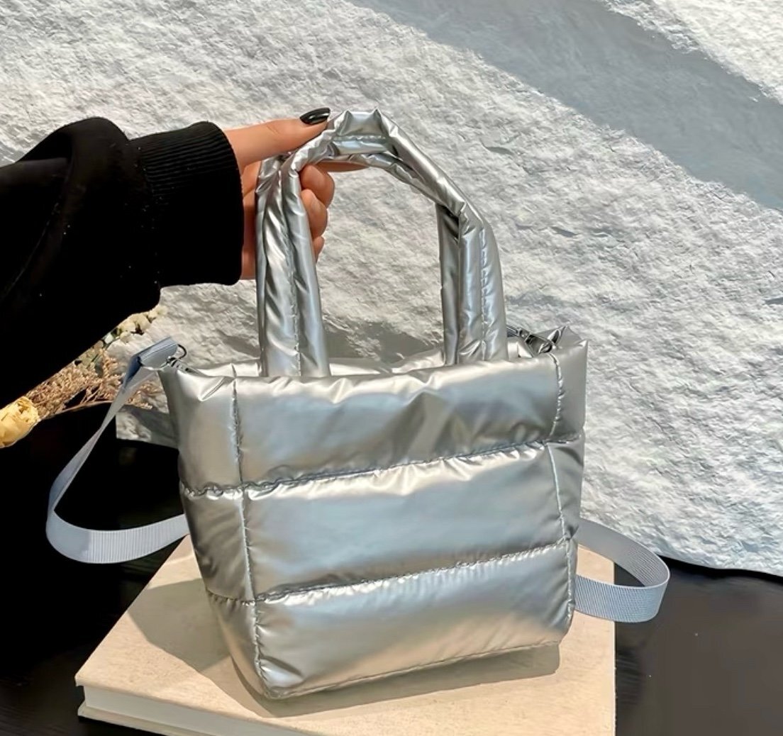 New -Adorable -Mini Quilted Puffer Tote Bag -Gray