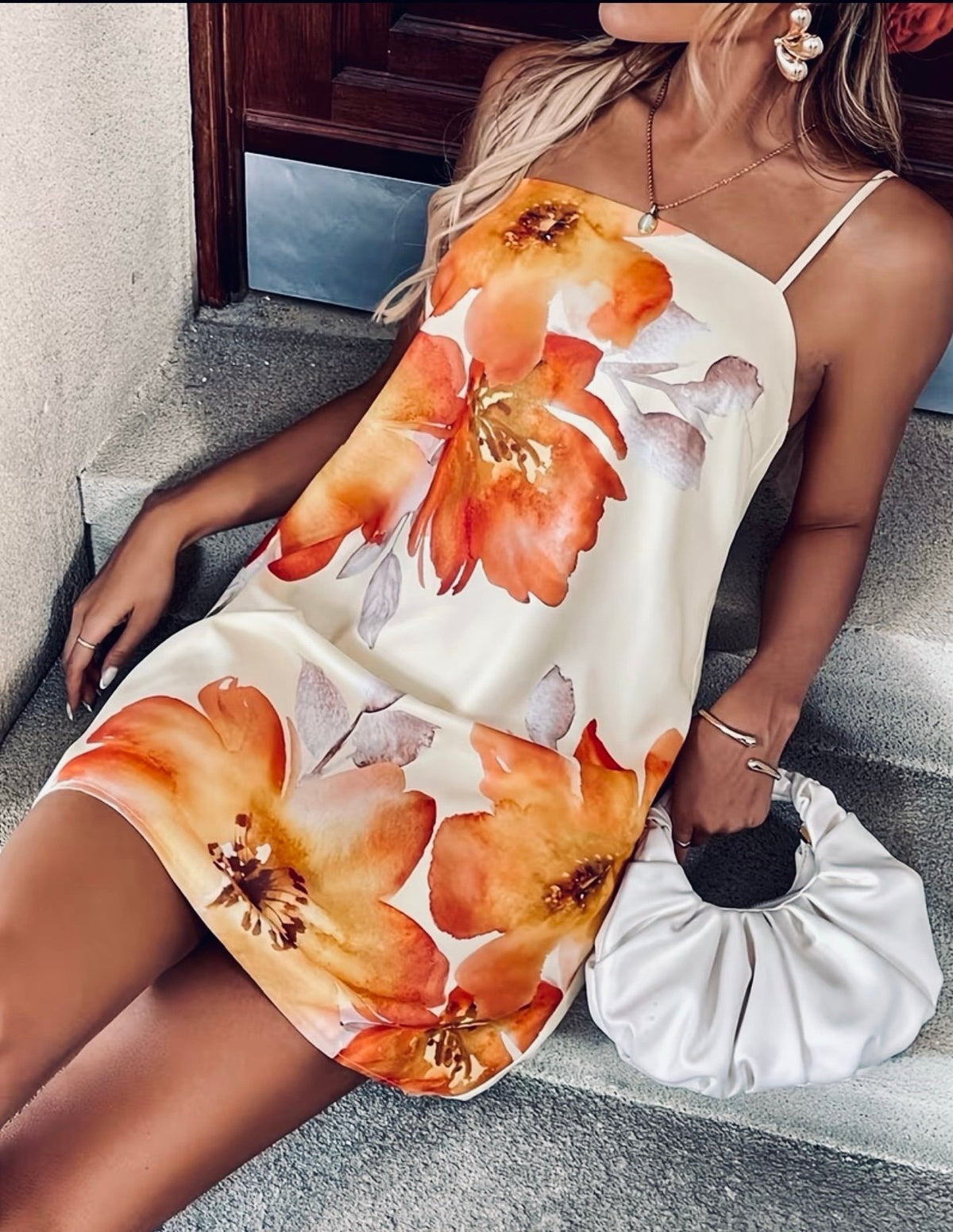 New -Boho Style -Floral Watercolor Suspender Spaghetti Strap Mini Dress -Size L