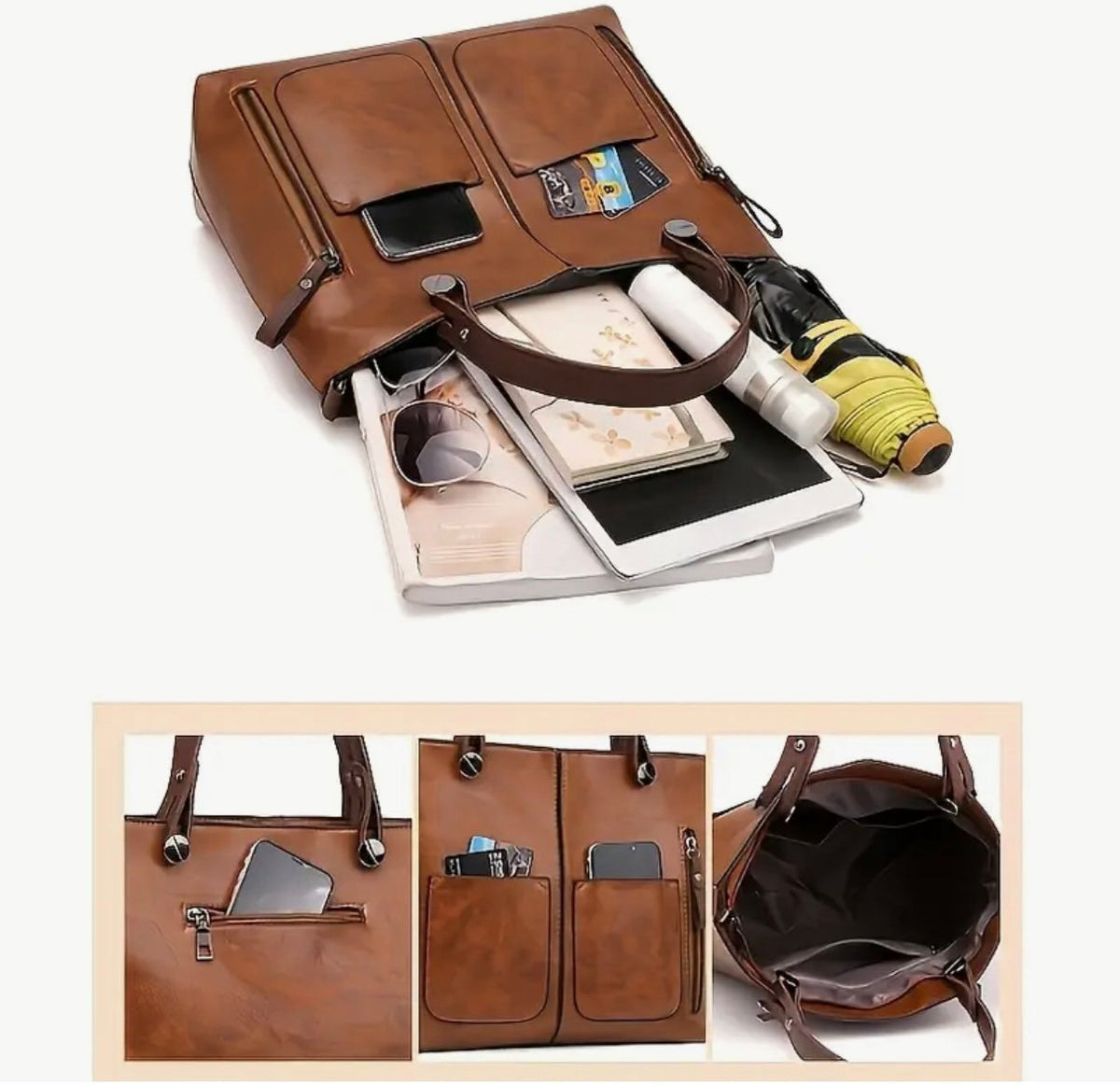 New - Luxury - Large Capacity Faux Leather Shoulder Bag /Tote - Brown