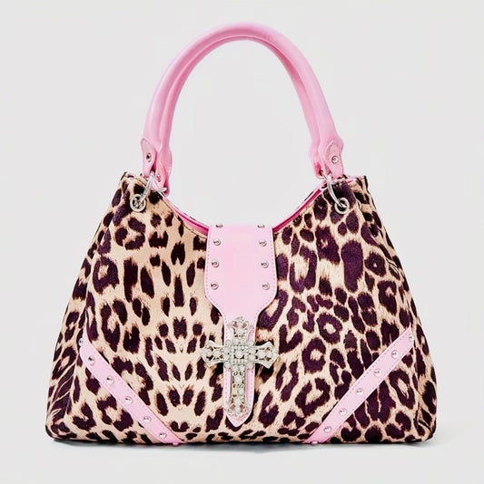 New -Beautiful -Faux Leather Leopard Print Design Shoulder Bag w/Stud Accents