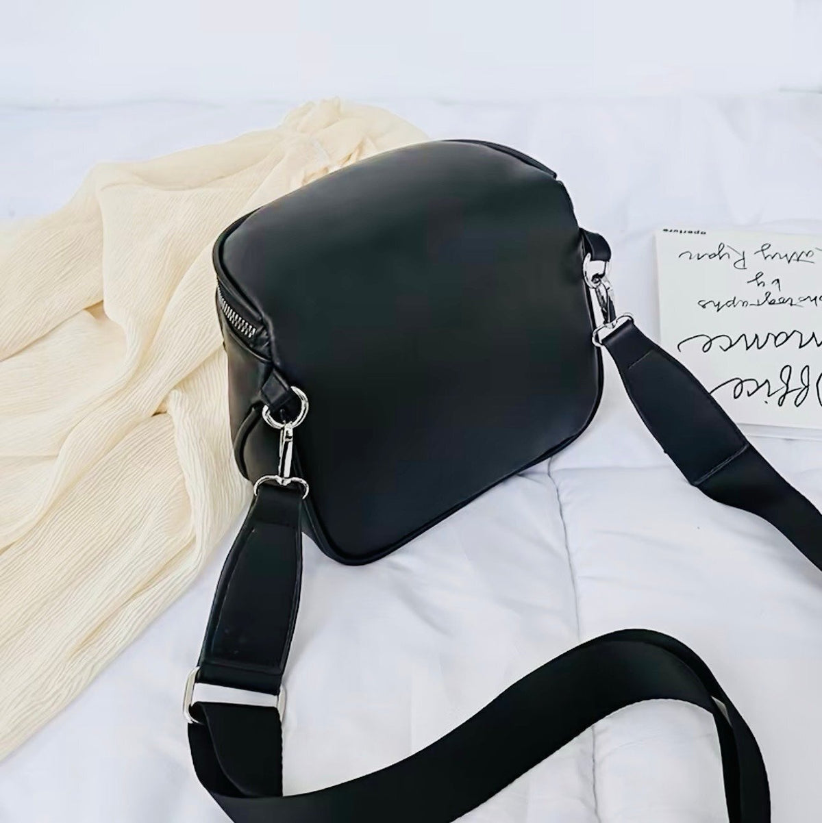 New -Sporty & Stylish Faux Leather Crossbody Bag with Adjustable Strap -Black